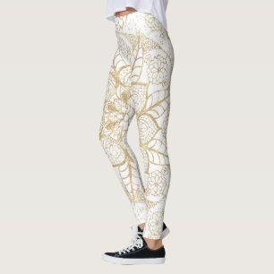Legging Na moda Boho White Dourado Mandala Floral