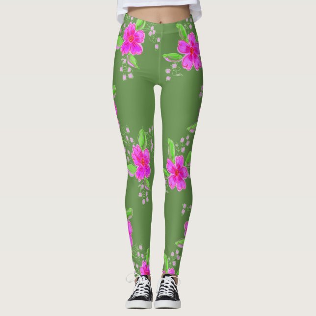 Legging Na moda com Impressão de Flor Rosa (Frente)