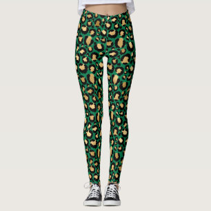 Legging Na moda Dark Green e Gold Foil Leopard Spots