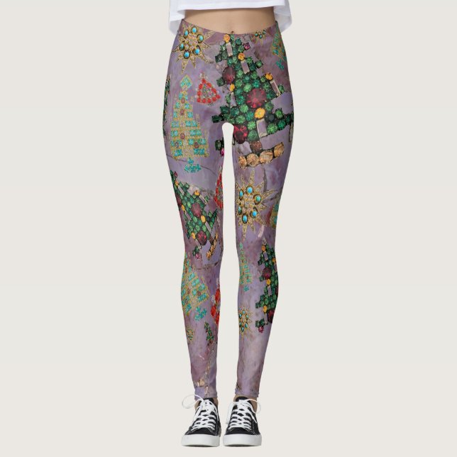 Legging Na moda de Natal Joia da Árvore Bling Roxo Jade Ge (Frente)