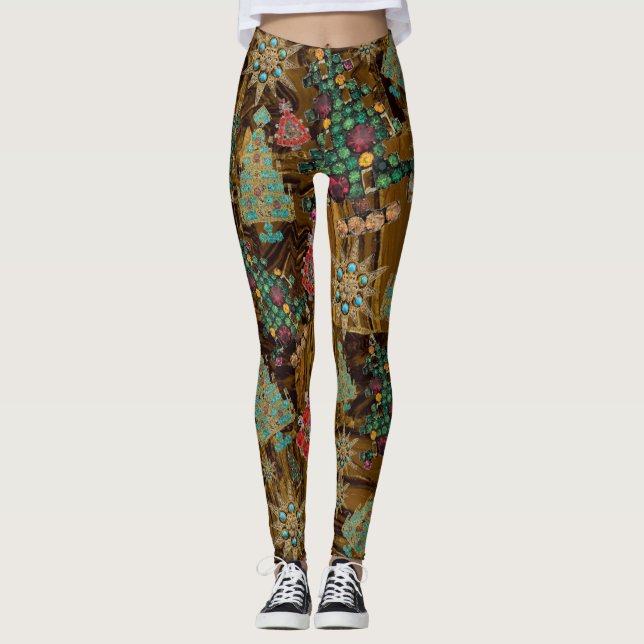 Legging Na moda de Natal Tree Jewel Bling Tigre Ferro (Frente)