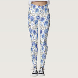Legging Na moda flores Azul e cinza Padrão botânico