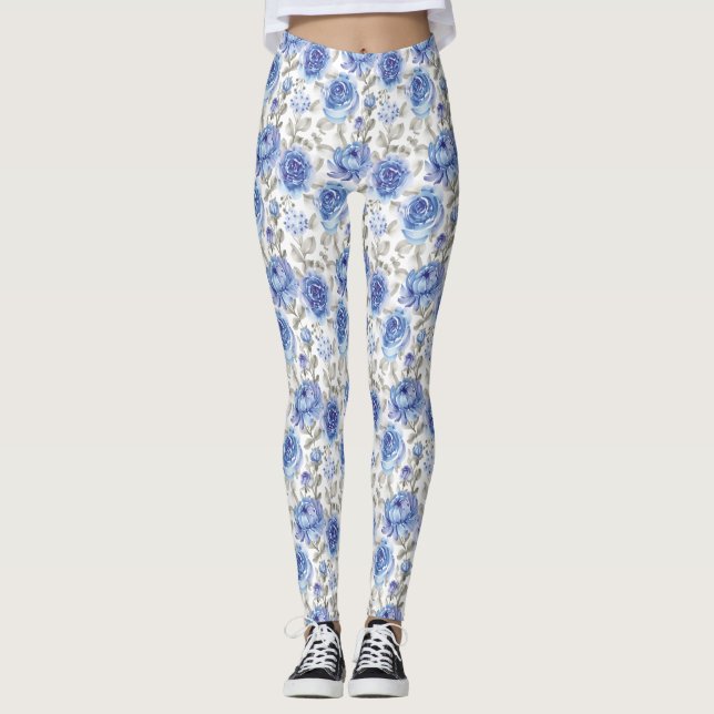 Legging Na moda flores Azul e cinza Padrão botânico (Frente)