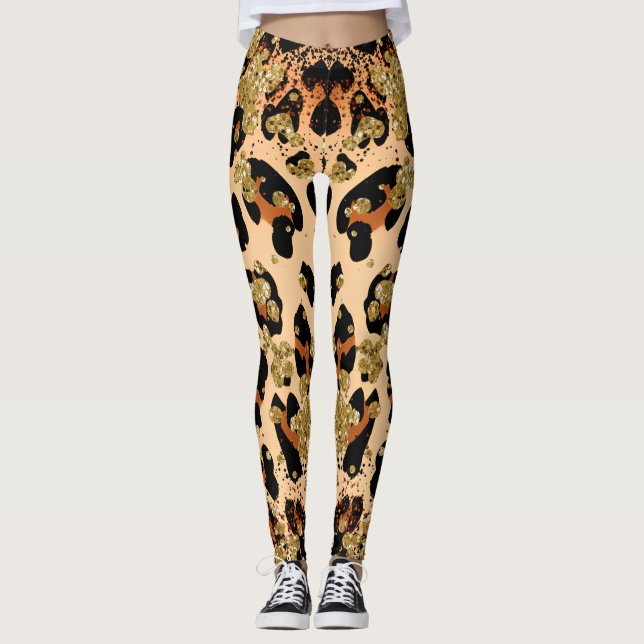 Legging Na moda inicial personalizado Dourado Leopard alto (Frente)