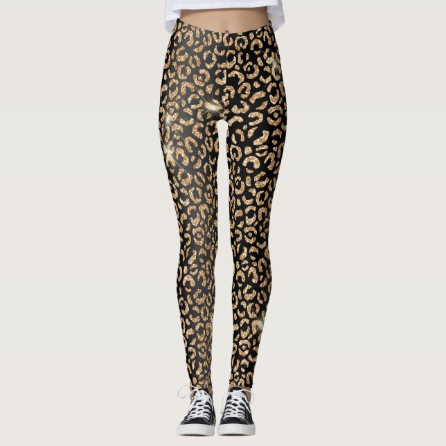 Legging Na moda, Negra e Dourada, manchas-leopardo selvage (Frente)