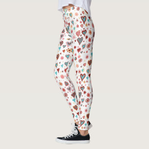 Legging Namorados Corações Padrão Azul Cor-de-Rosa Vermelh