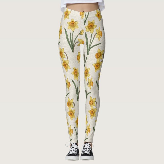 Legging Narciso Floral de Primavera em Amarelo Suave e Ver (Frente)