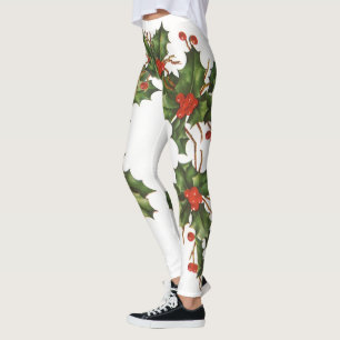 Legging Natal Antigo, Planta de Azevinho com Bagas Vermelh