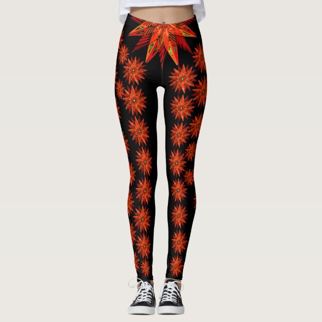 Legging Natal Art Déco em Vermelho com Poinsettia em Preto (Frente)