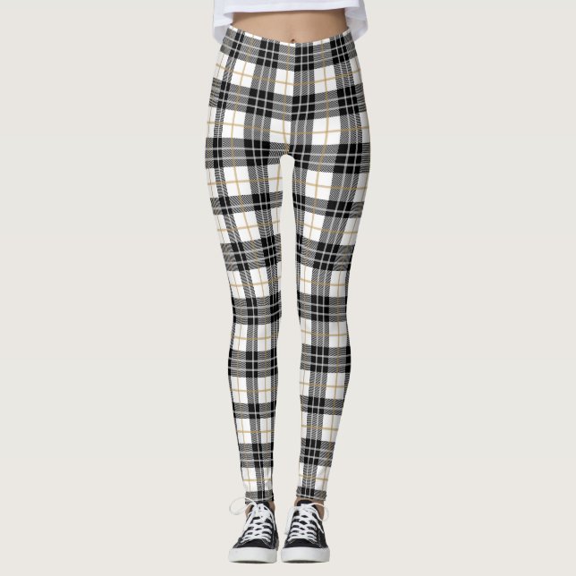 Legging Natal branco, preto e Dourado da Xadrez de Tartan (Frente)