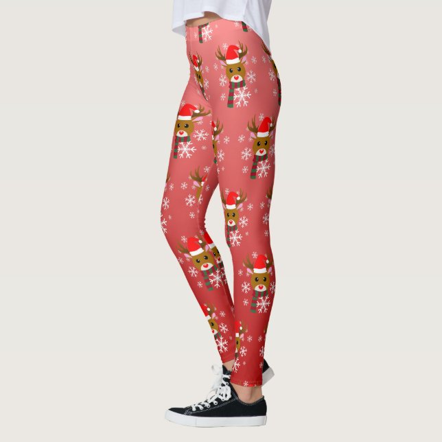 Legging Natal Branco Rudolph Rudolph, Rena Nosada Vermelha (Esquerda)