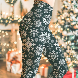 Legging Natal com padrão de floco de neve verde escuro e b