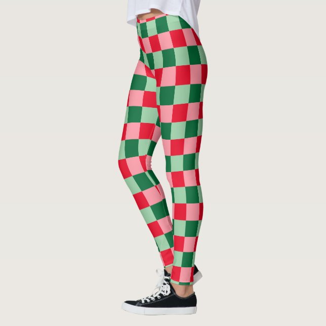 Legging Natal da Xadrez de Tartan Verde-Rosa Vermelho (Esquerda)