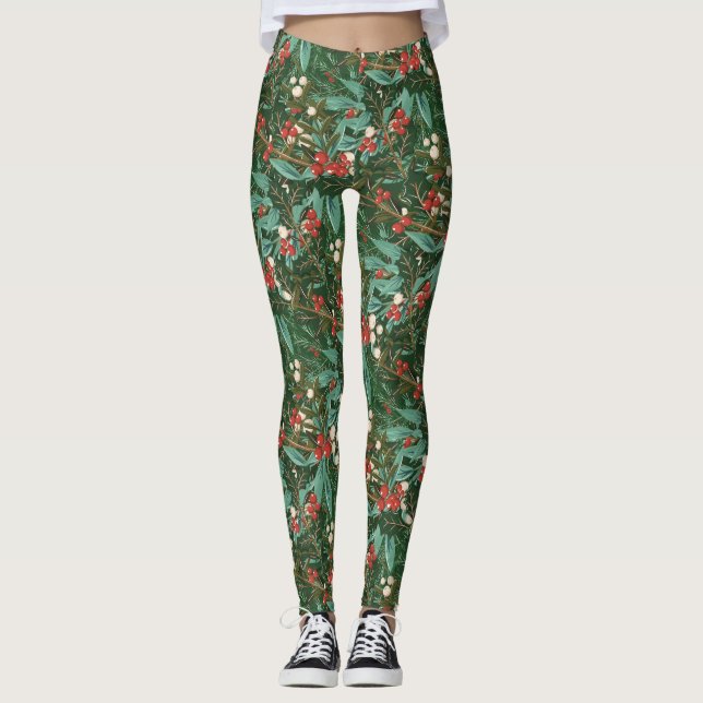 Legging Natal de Férias Botânicas Clássicas e Verdes (Frente)