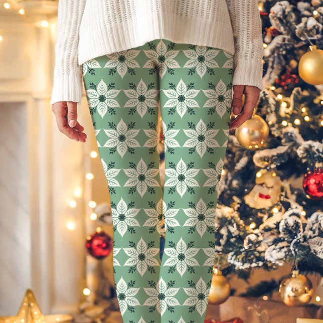 Legging Natal do Padrão de Poinsettia Verde e Branca (Criador carregado)