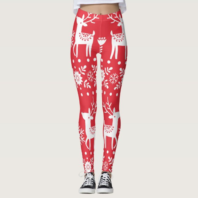 Legging Natal escandinavo: Flocos de neve e veados (Frente)