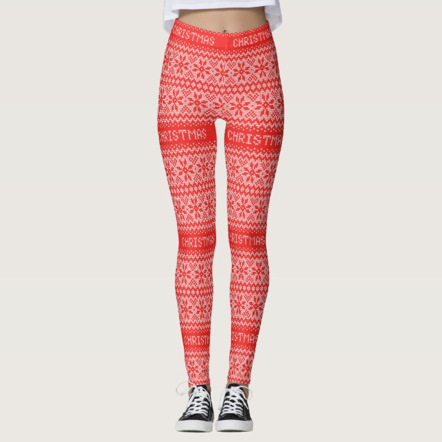 Legging Natal nórdico vermelho do teste padrão dos flocos (Frente)