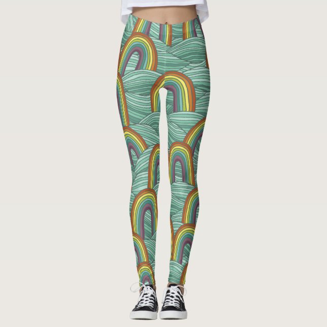 Legging Natureza Arco-Íris: Composição Vintage Desenhada À (Frente)