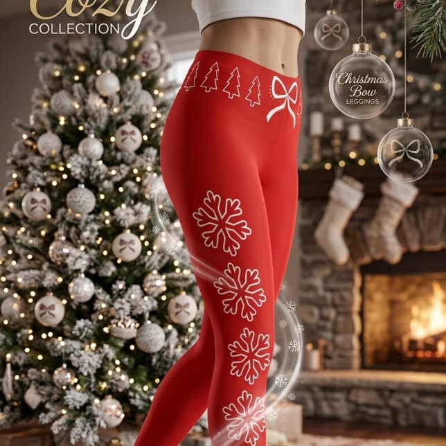 Legging Navideños Rojos con Lazo, Copos de Nieve y arboles (Christmas Red Leggings with Cute White Bow Snowflakes Holiday Winter Outfit.)