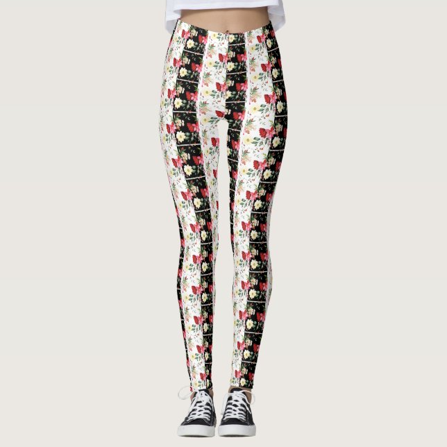 Legging Negro e branco de flores rosadas (Frente)