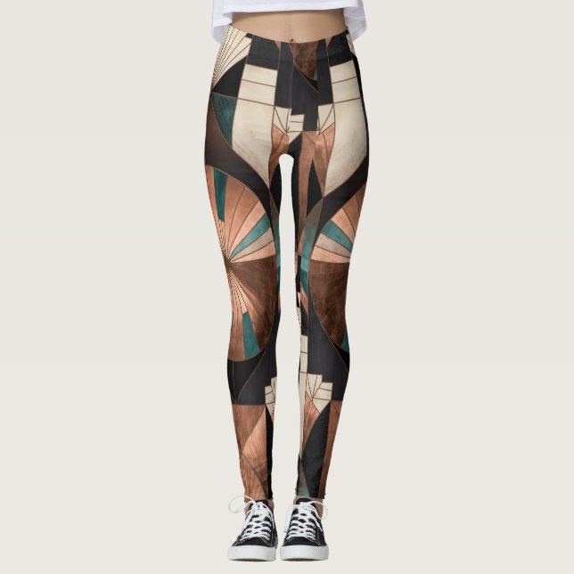 Legging Neo Art Deco Geometric Teal Copper Gold Sunburst (Frente)