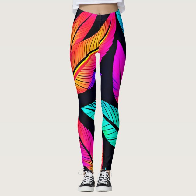 Legging Neon Feather Pattern Vibrant Art (Frente)