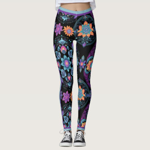 Legging Neon Florals Black Background and Racing Stripes