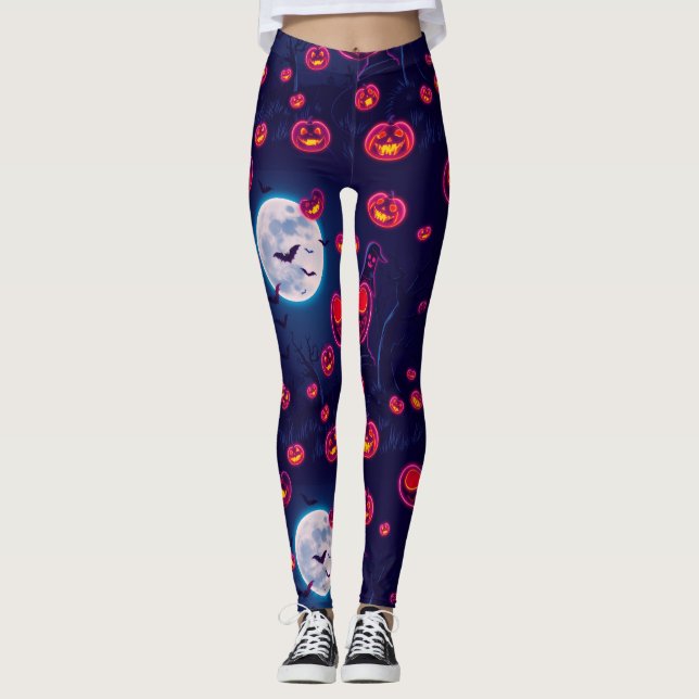 Legging Neon Jack-o-Lanterna Cena Noturna de Halloween (Frente)