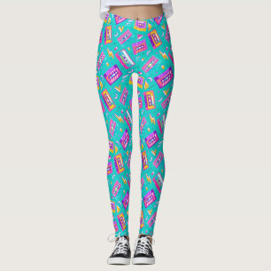 Legging Neon Pink Teal Trendy anos 80 Cassette Music Leggi