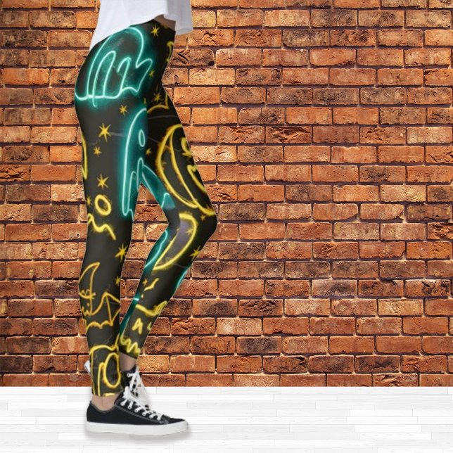 Legging Neon Spooky Halloween Ghost Bats Pumpkins Padrão (Criador carregado)