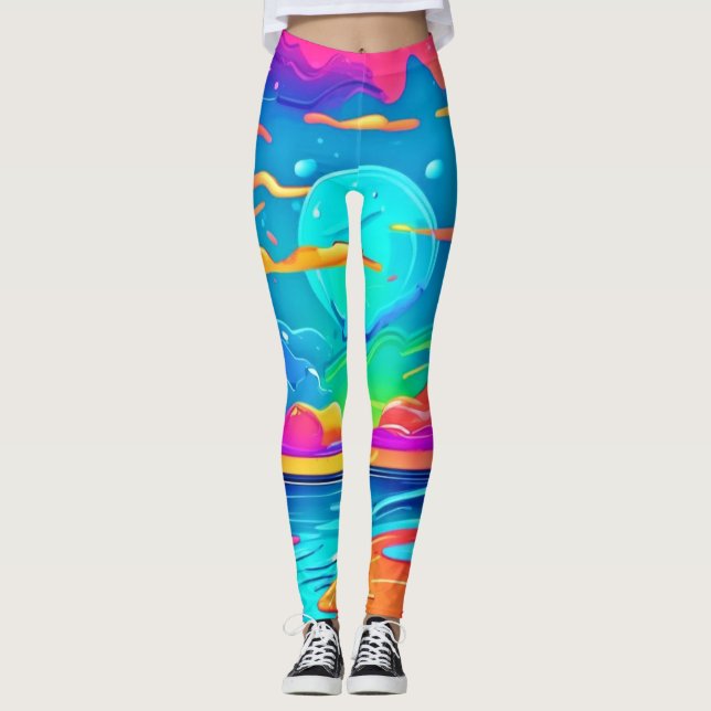 Legging Neon Sunset Vibrante Sobre Ondas Oceânicas (Frente)