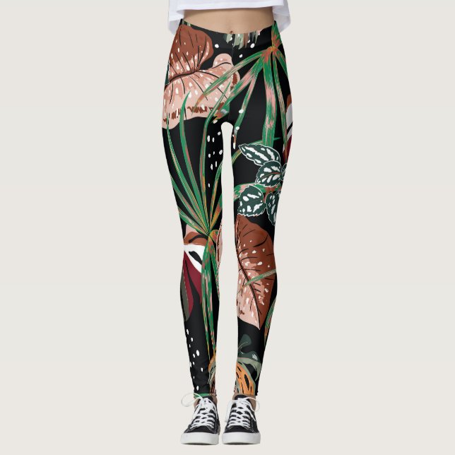 Legging Nó Tropical: Padrão de Floresta Exótica Escura (Frente)