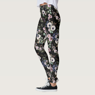 Legging Noite no Jardim Negro Branco e Floral Rosa