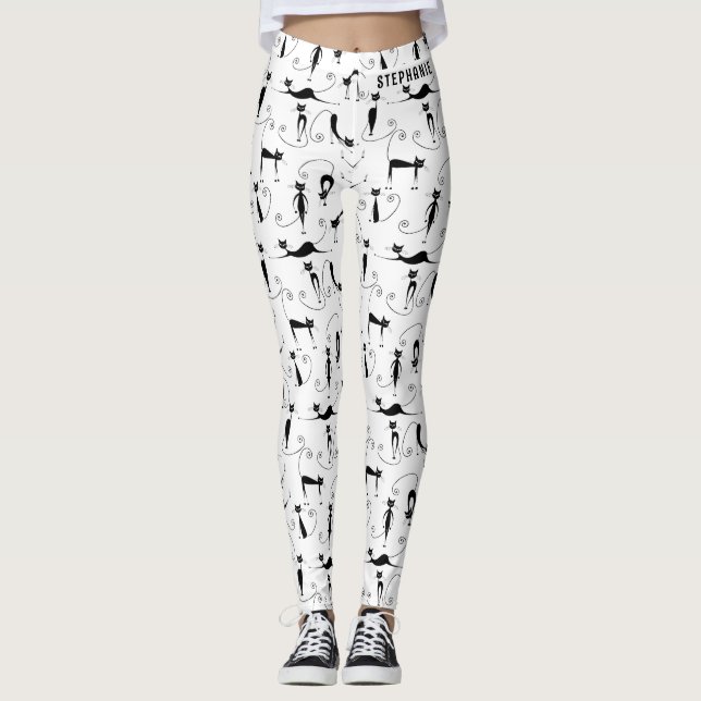 Legging Nome Personalizado de Padrão Sem Fios de Gatos Pre (Frente)