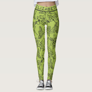 Legging Nome personalizado de padrão verde bg sem costura