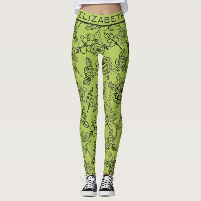 Legging Nome personalizado de padrão verde bg sem costura  (Frente)