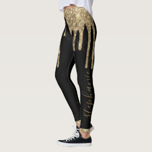 Legging Nome personalizado do chip glitter preto dourado