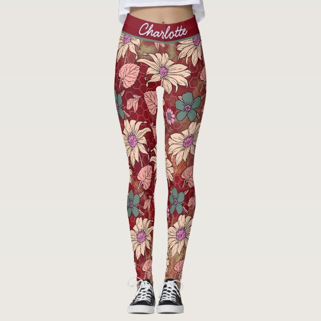 Legging Nome personalizado padrão sem costura floral verme (Frente)