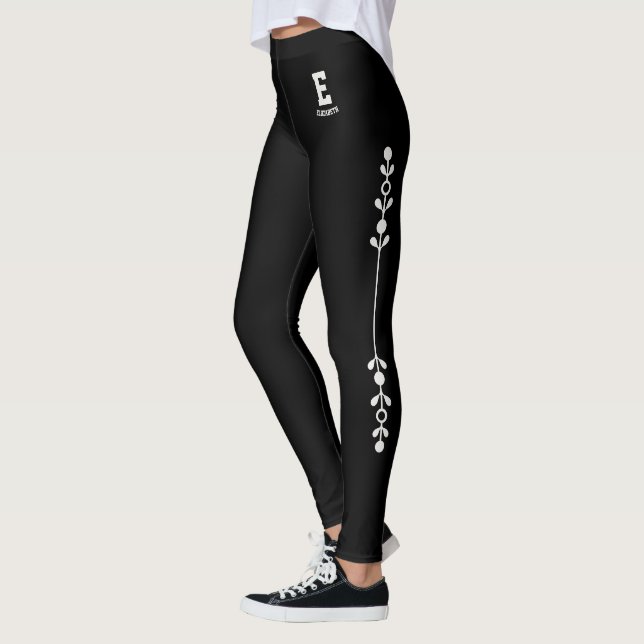 Legging Nome Personalizado Preto Neutro Flores Monograma (Esquerda)