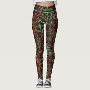 Legging Nome personalizado verde padrão uniforme floral