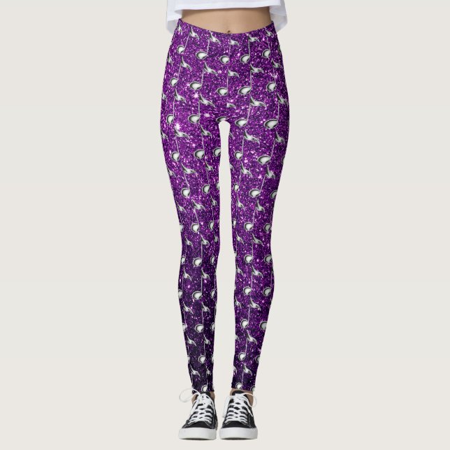 Legging Notas de Música Roxo Faux Glitter Silver (Frente)