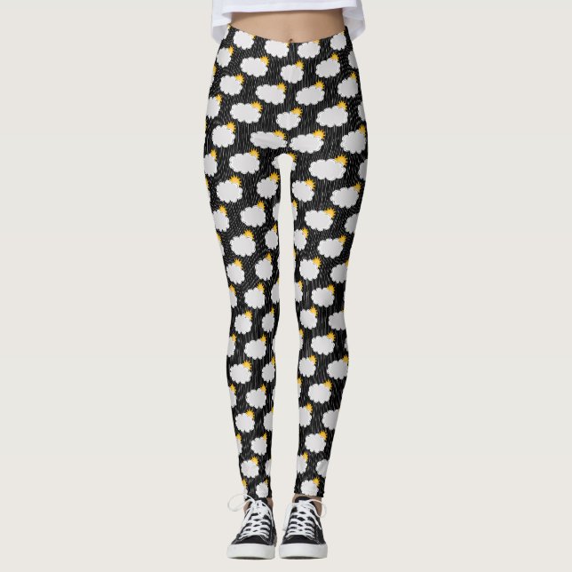 Legging Nuvens de sol em chuva Padrão Design Preto (Frente)