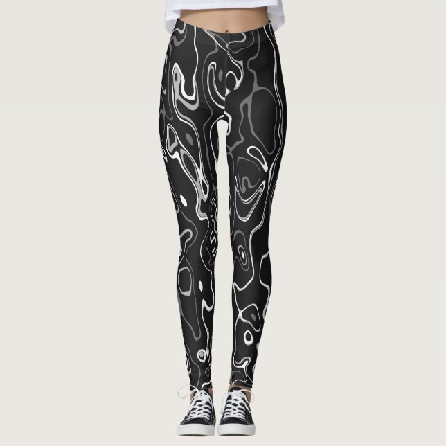 Legging O abstrato de damasco branco preto turva um padrão (Frente)