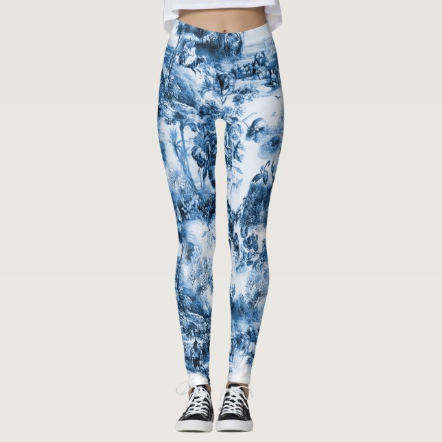 Legging O azul português azulejo o padrão romântico da cen (Frente)