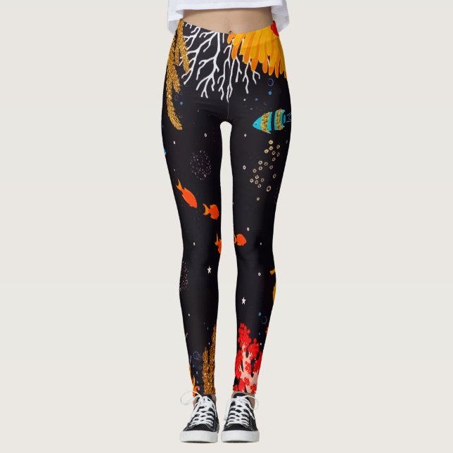 Legging Oceano Tropical de Verão Dourado de Laranja submar (Frente)