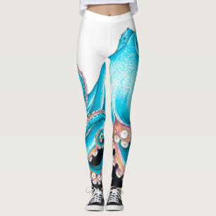 Legging Octopus Azul Na Tinta Branca