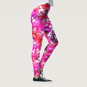 Legging Octopus Branco Em Rosa Quente E Roxo - Pernas