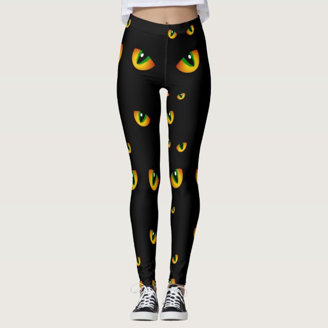 Legging Olhos de Gato Pretos de Halloween, Bonitos e Louco (Frente)