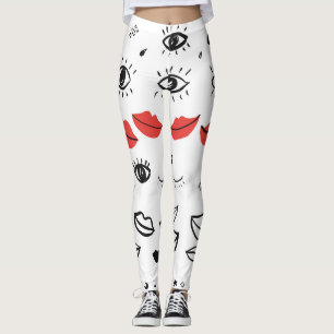 Legging Olhos vítreos, padrão de lábios vermelhos.