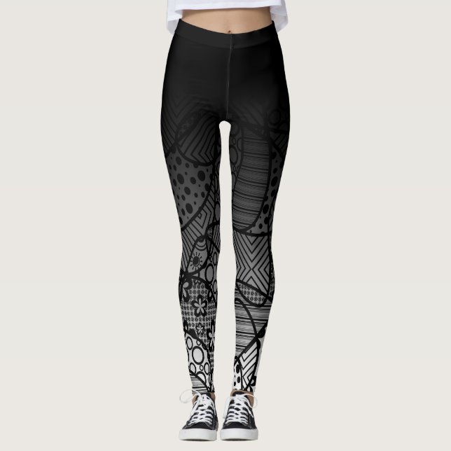 Legging Ombre preto com abstrato preto & branco 4 do teste (Frente)